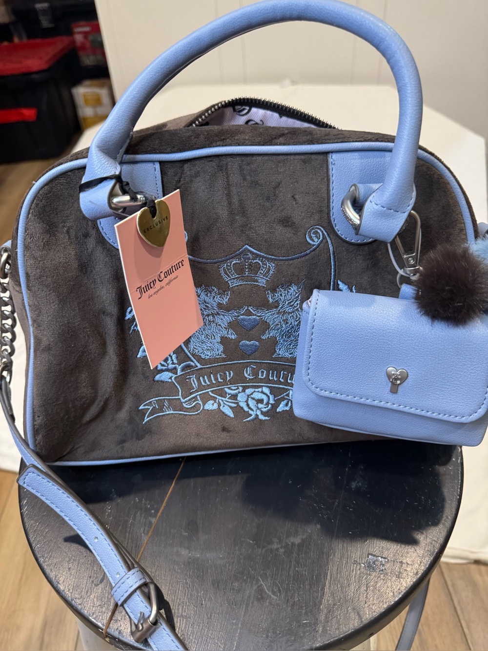 NWT Juicy Couture New Love Chapter Satchel Chocolate Blue Velour Crossbody Y2K